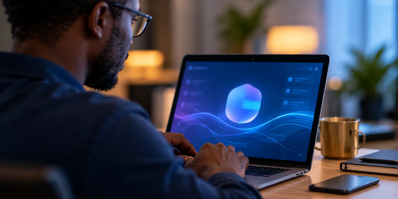 A person working on a laptop whose screen shows a soft glowing abstract shape.