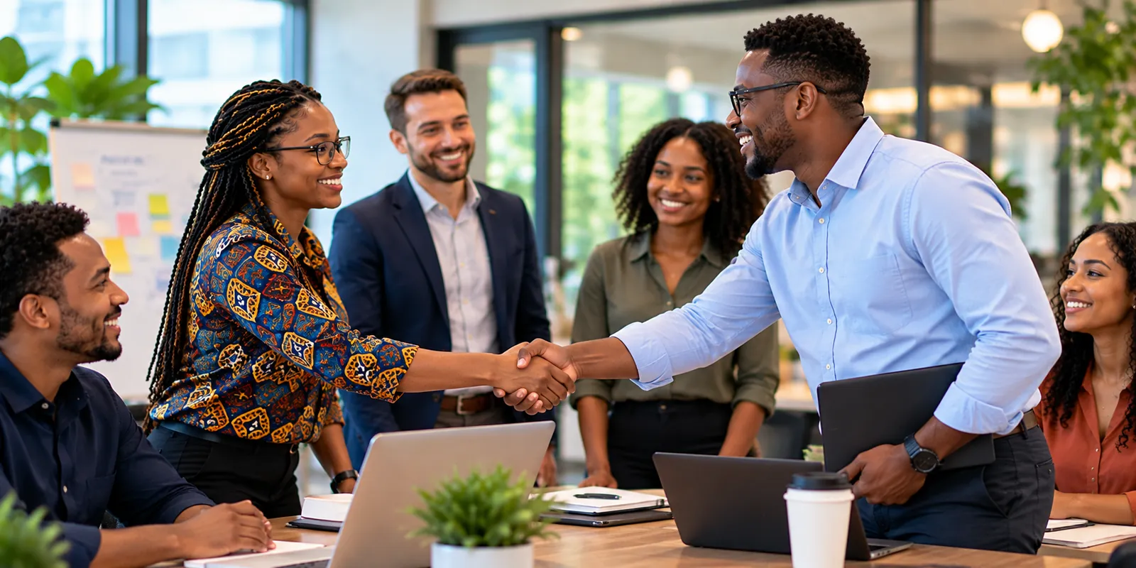 Two colleagues shaking hands at a team meeting while others smile and look on.