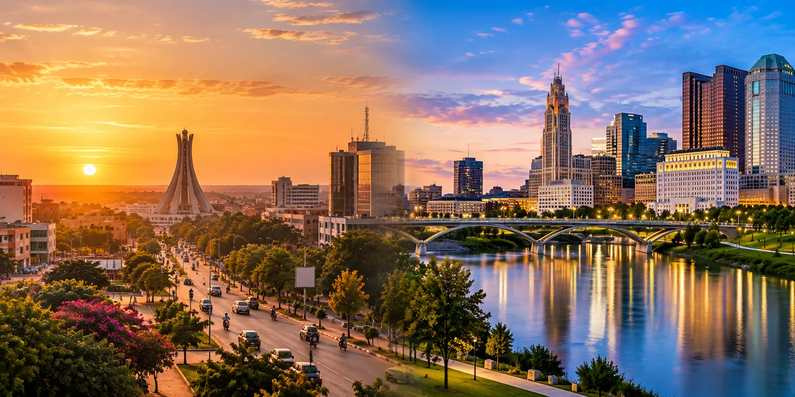 A sunset city street on the left and a riverside city skyline at dusk on the right, blended into one image to represent Ouagadougou and Columbus.